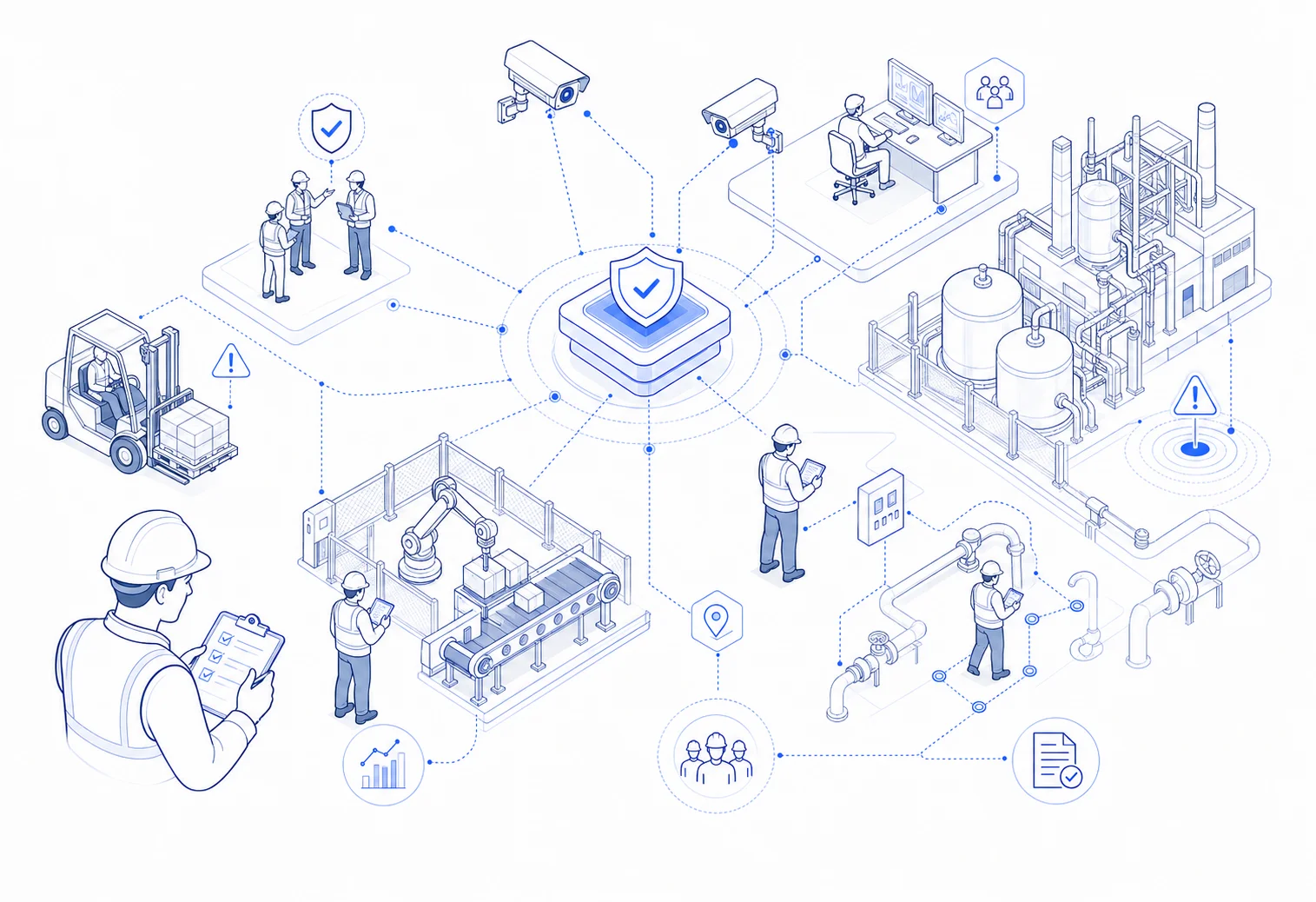 Illustration of SAFVR safety engineers on an industrial site