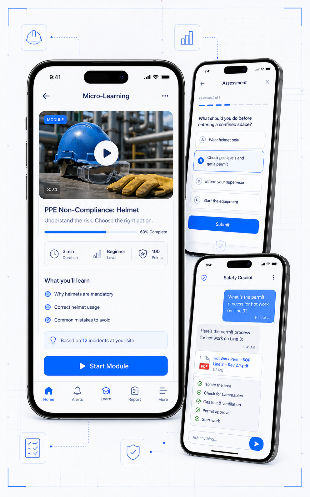 AURA training app mockup showing micro-learning, assessment, and Safety Copilot screens