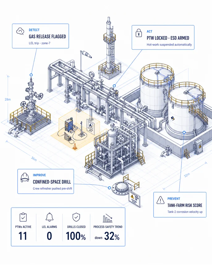 Energy AURA loop illustration with gas-release, permit, drill, and distributed-site risk callouts